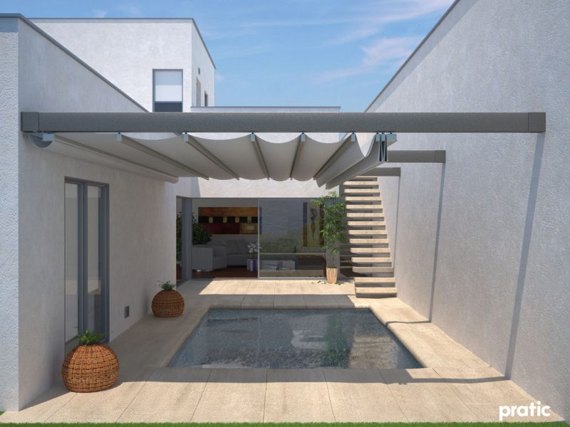 Integrated pergola with fabric retractable roof pratic one