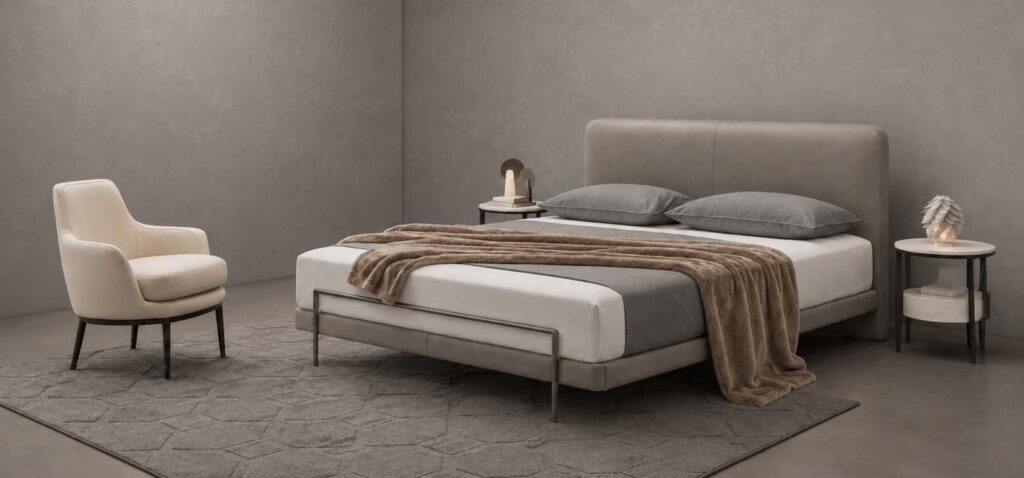Custom upholstered bed and lounge chair