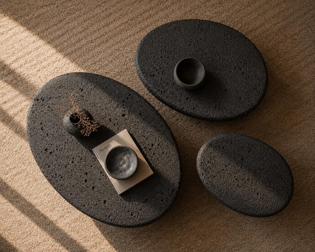 Lava stone coffee table with custom sofa
