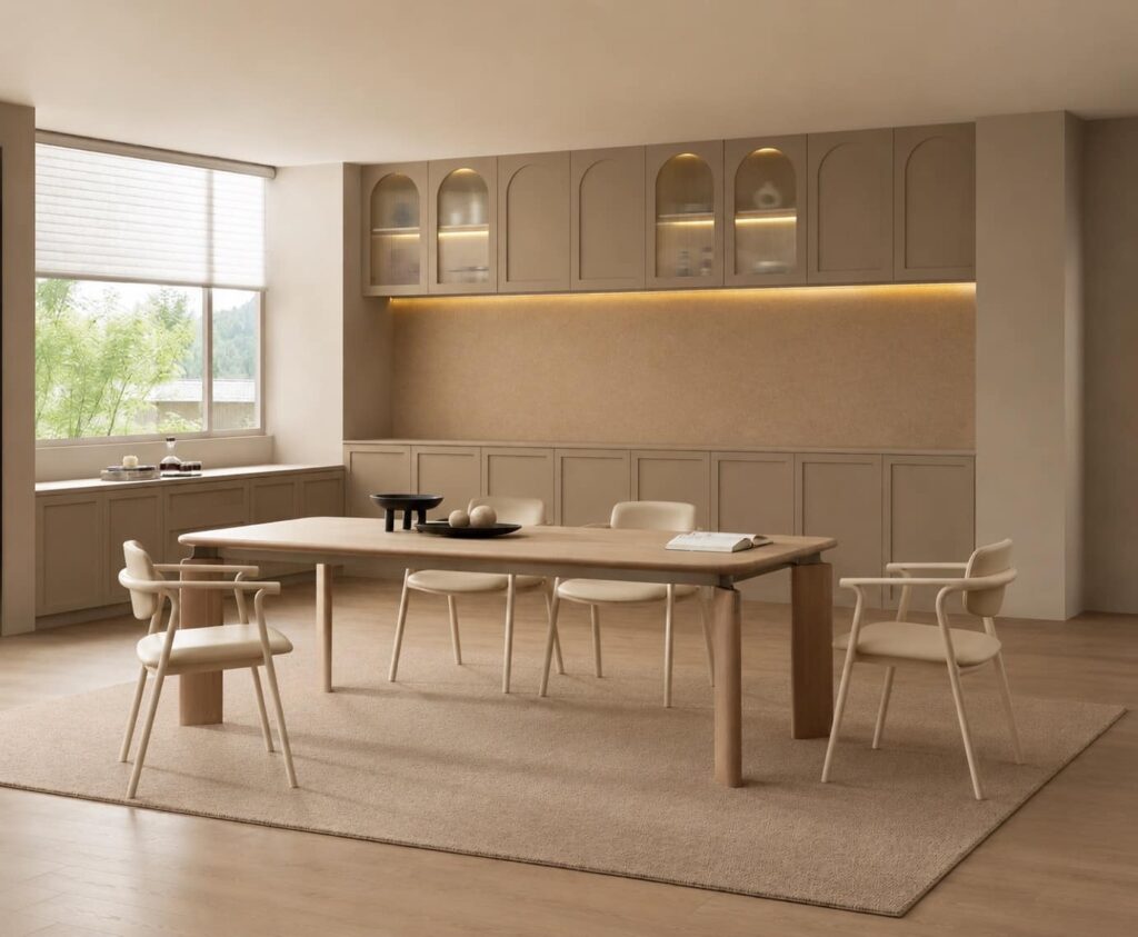 Custom oak dining table and chairs in a Los Angeles residence
