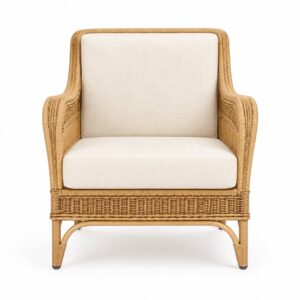Palma rattan lounge chair with ivory cushions, front view