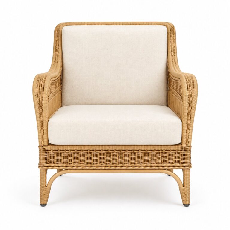 Palma rattan lounge chair with ivory cushions, front view