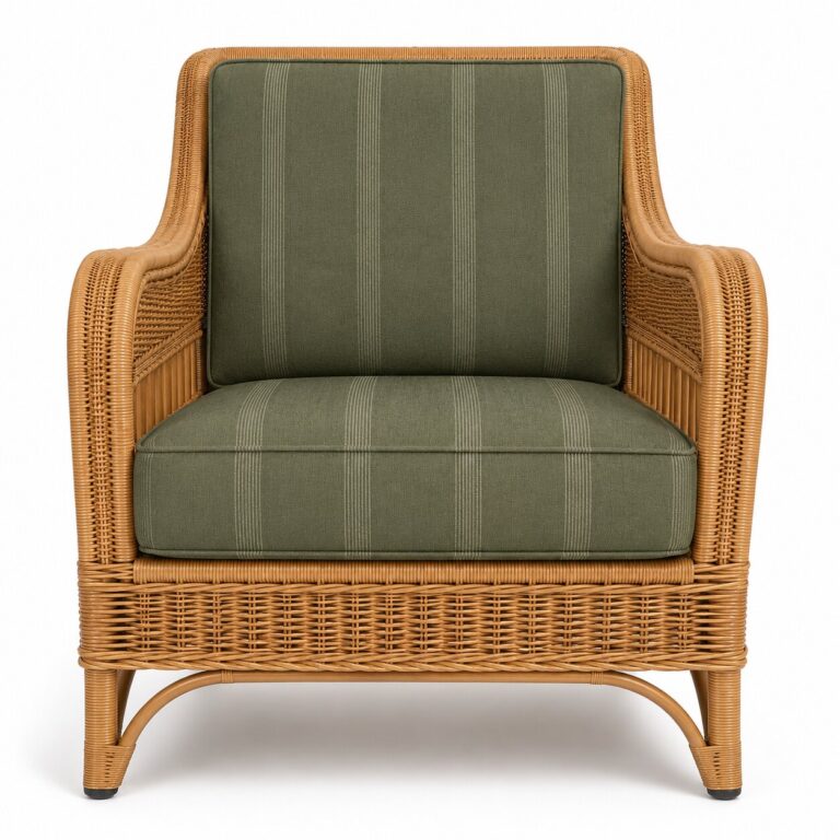 Palma rattan lounge chair with olive green striped cushions, front view